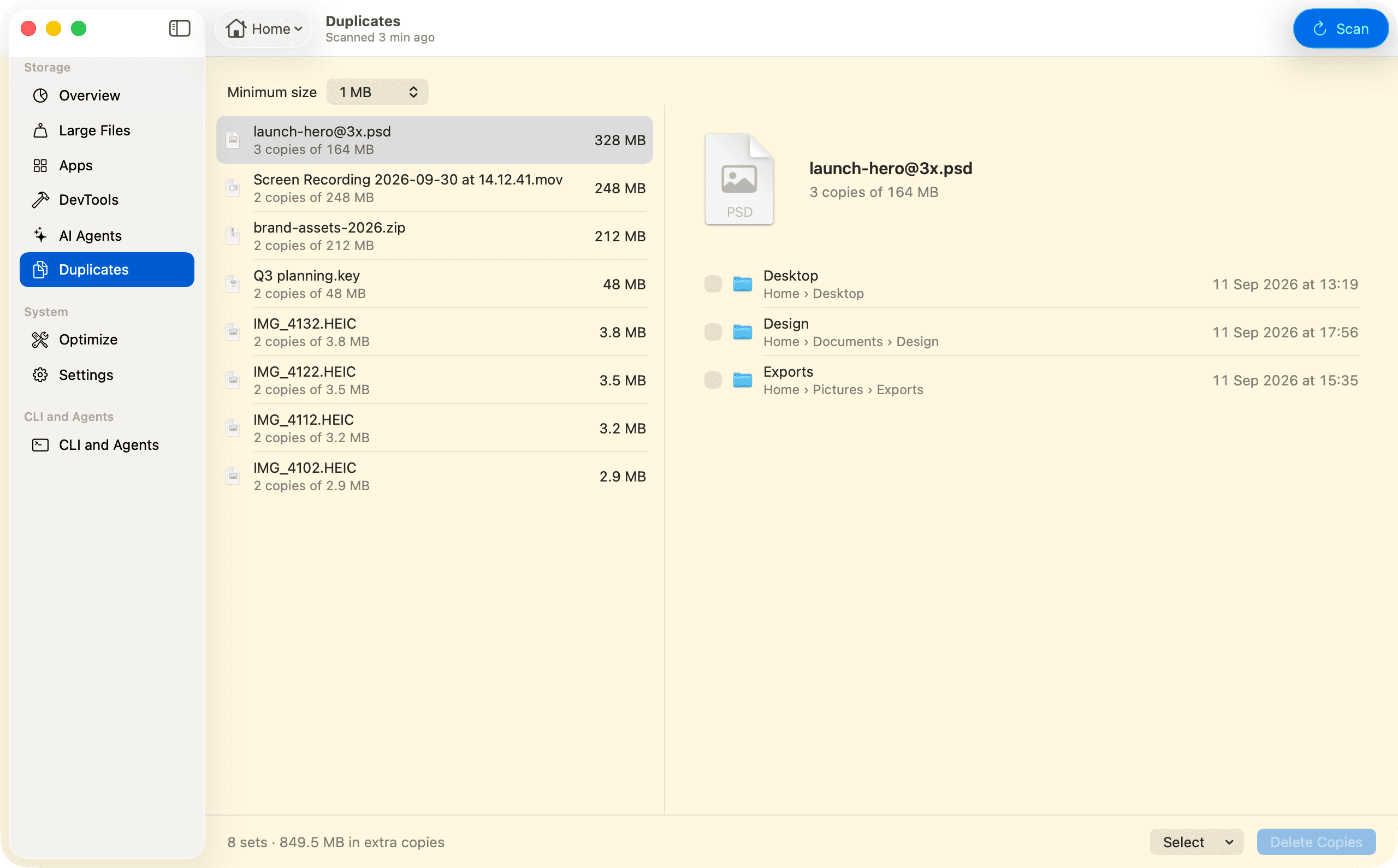 The Duplicates view: 8 sets of matching files, 849.5 MB in extra copies. launch-hero@3x.psd is selected, showing its 3 copies of 164 MB in Desktop, Documents › Design and Pictures › Exports, each with its date. None is ticked, so Delete Copies is unavailable.